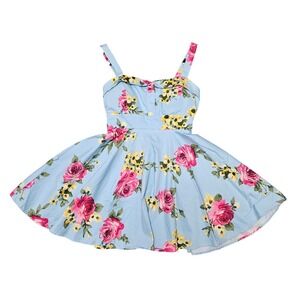 Ixia Fit and Flare Dress Womens Large Blue Pink Floral Rockabilly Retro Pinup